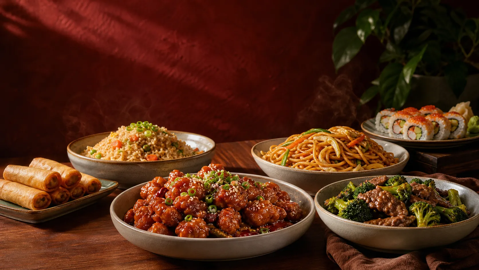 General Tso’s chicken, lo mein, fried rice, spring rolls, beef and broccoli, and sushi